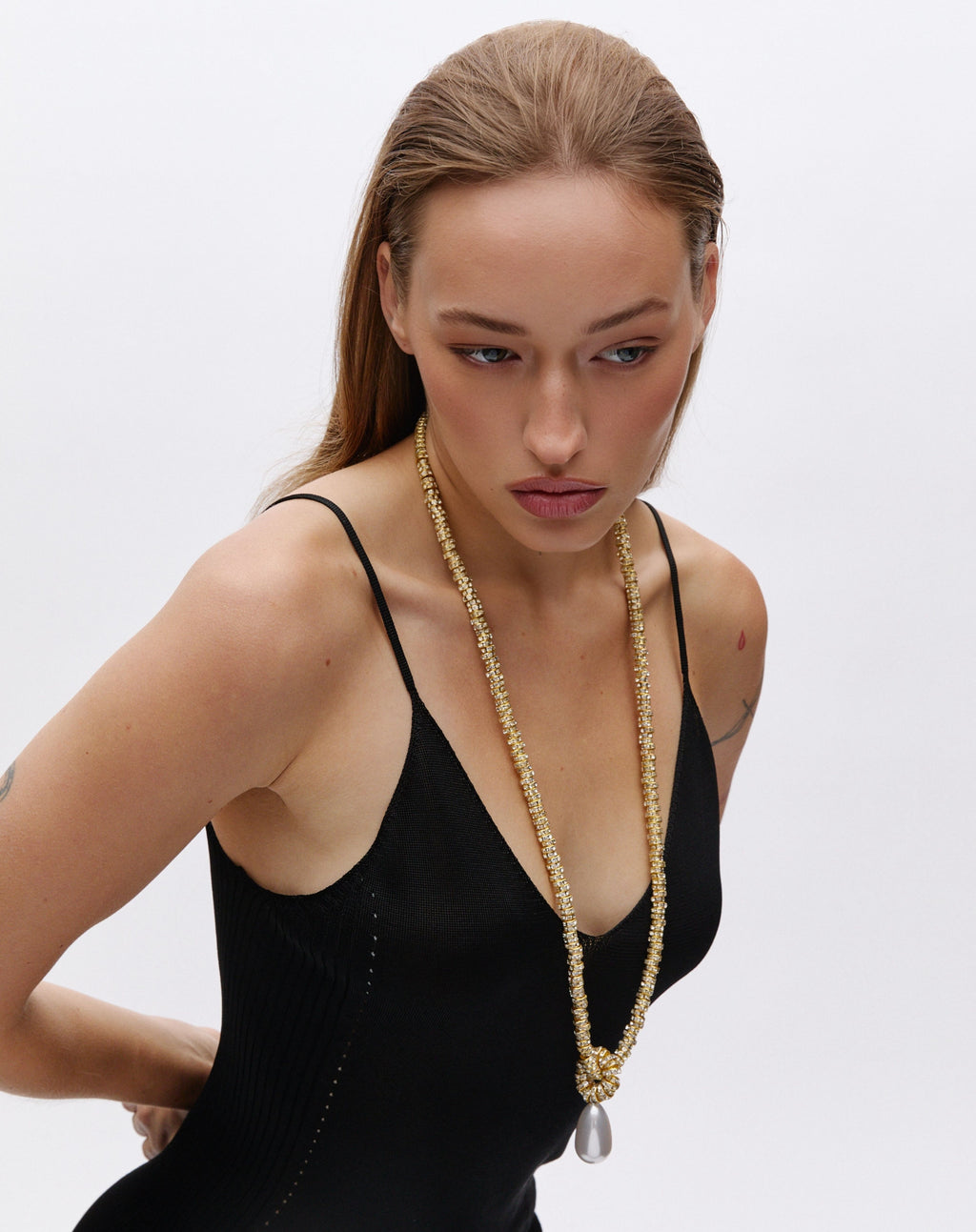 Pearl Drop Linea Necklace, Gold